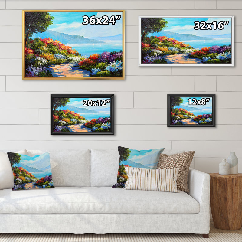 Fleurs colorées dans un paysage côtier - reproduction d'art sur toile, H 24 po x l 36 po x P 1 po