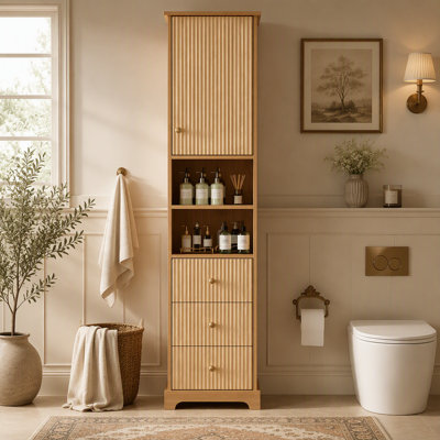 67.7" Tall Freestanding Bathroom Cabinet, Traditional American Style, 1 Door with Adjustable Shelf, 3 Drawers, Open Storage