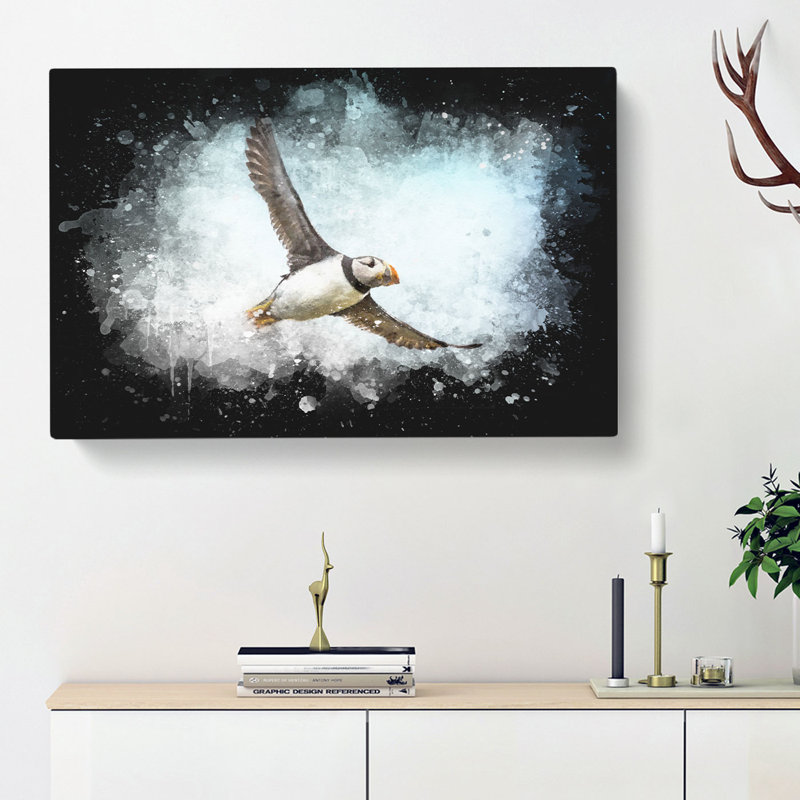 Flying Atlantic Puffin Bird - Wrapped Canvas, 60cm H x 91cm W x 3cm D