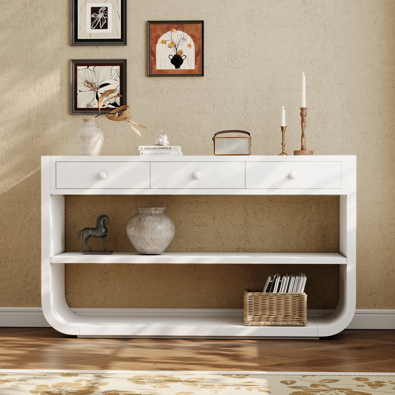 Console 55 po avec 3 tiroirs et pieds courbés, style antique, blanc, Blanc