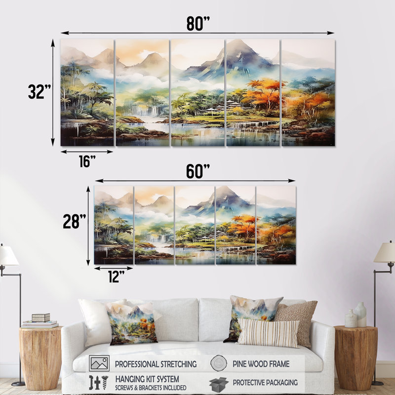 Paysage de montagne indonésien - Indonésie, ensemble de 5 pièces, H 28 po x l 60 po