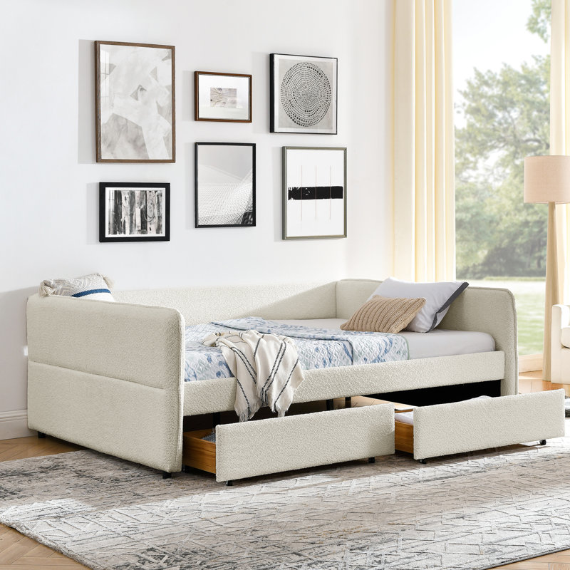 Daybed With Trundle, Storage, Queen Size, Upholstered Bed, Beige Boucle, Stripe Pattern, Comfortable Back Support, Simple Setup Size Bed Trundle And 2 Storage Units, Boucle Fabric, 88"X65.5"X29.5",