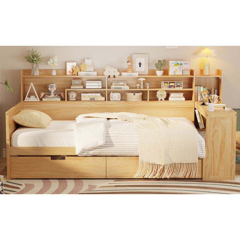 Lit de jour simple en bois avec tablettes de rangement, lit multifonctionnel avec 2 tiroirs de rangement et bureau d'étude, naturel (ancien SKU: N733S241484M)