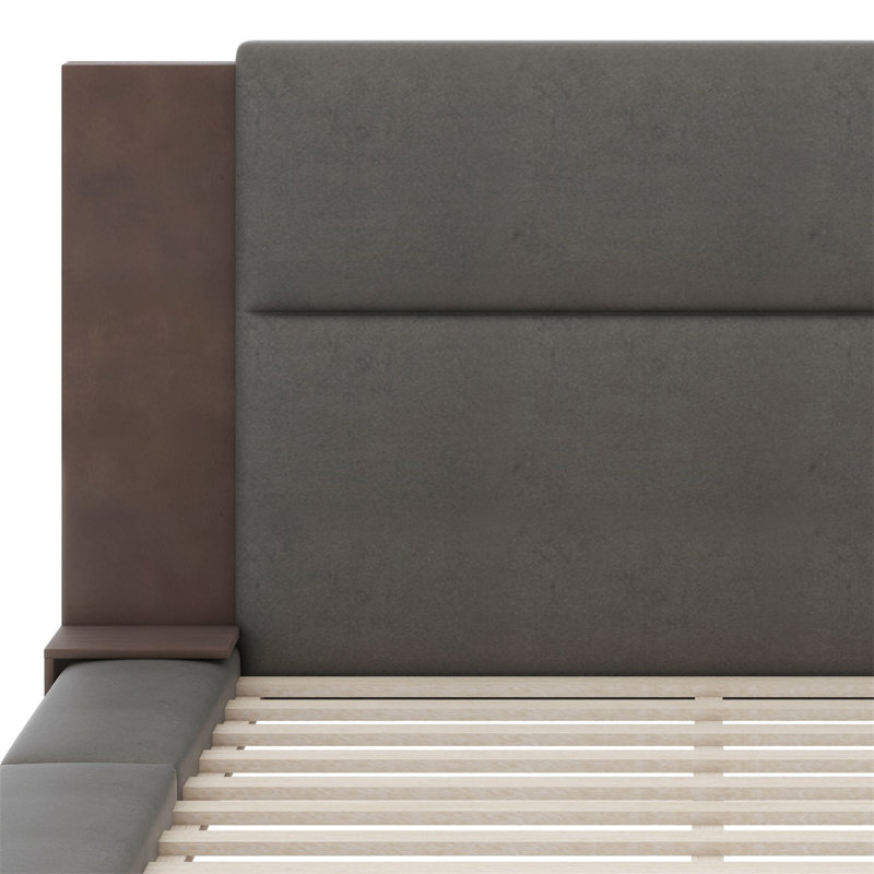 Floor Upholstered Platform Bed With Extended Wood Headboard & Bedside Shelf, Queen