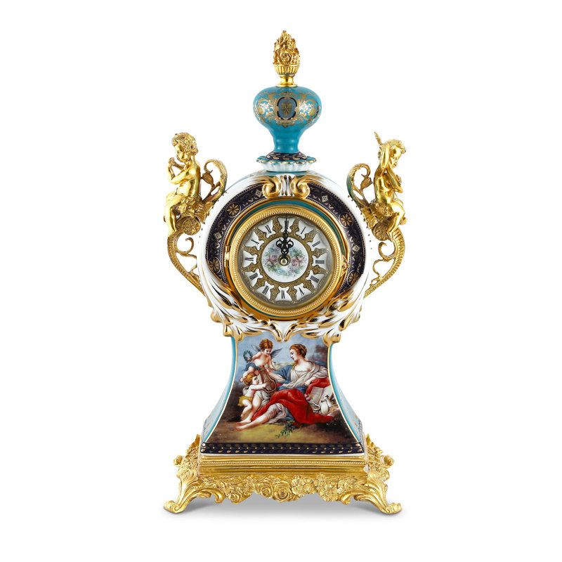 Élégante horloge chérubin de 21 pouces avec base florale en porcelaine et bronze pour la maison et le bureau