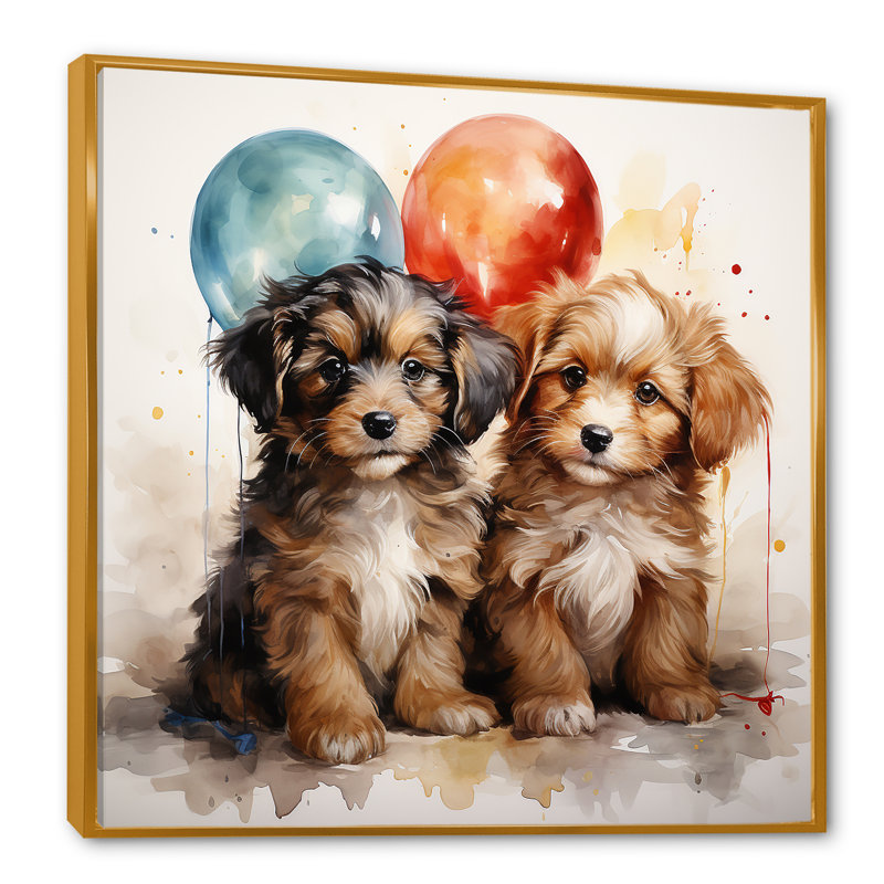 Puppies Parade Balloon Adventure III - Art mural de chambre de bébé, Cadre flottant doré, H 36 po x l 36 po x P 1,5 po