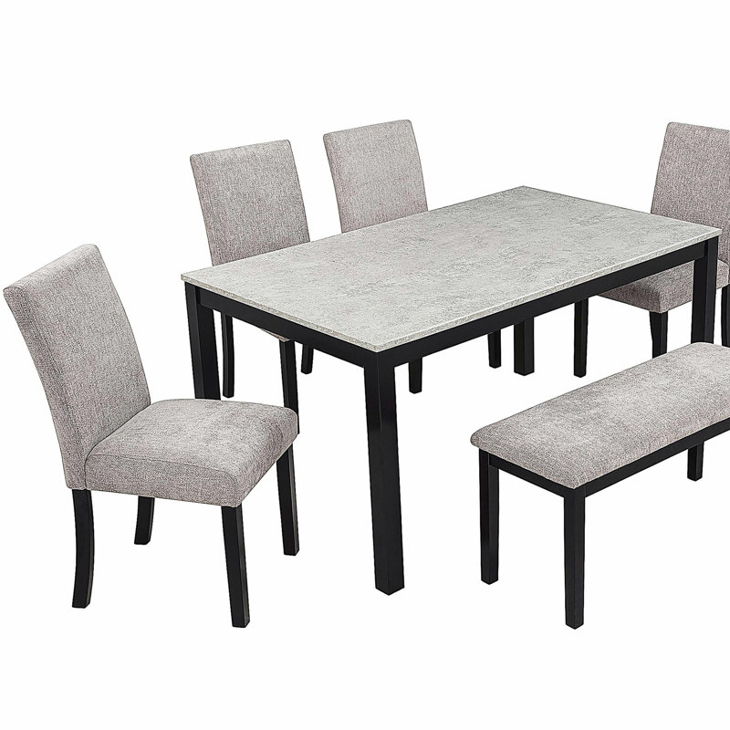 Ensemble de table de salle à manger 6 pièces avec banc, table de cuisine en bois massif avec plateau en mélamine effet béton et 4 chaises rembourrées pour la salle à manger, la cuisine, le restaurant, gris et noir