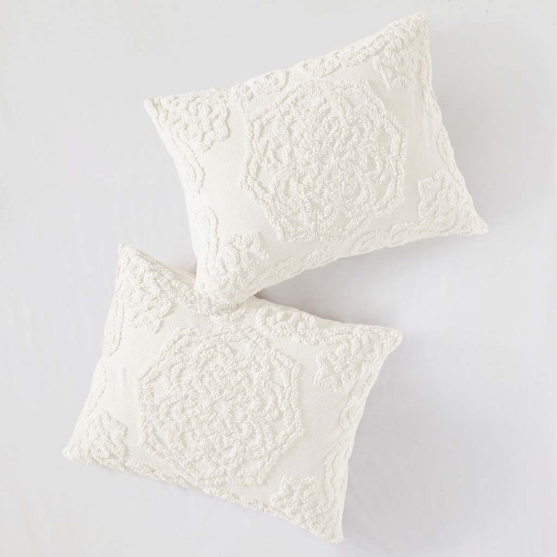 Mini ensemble de couvre-lit touffeté en chenille, Blanc cassé, Couvre-lit très grand + 2 taies décoratives stan