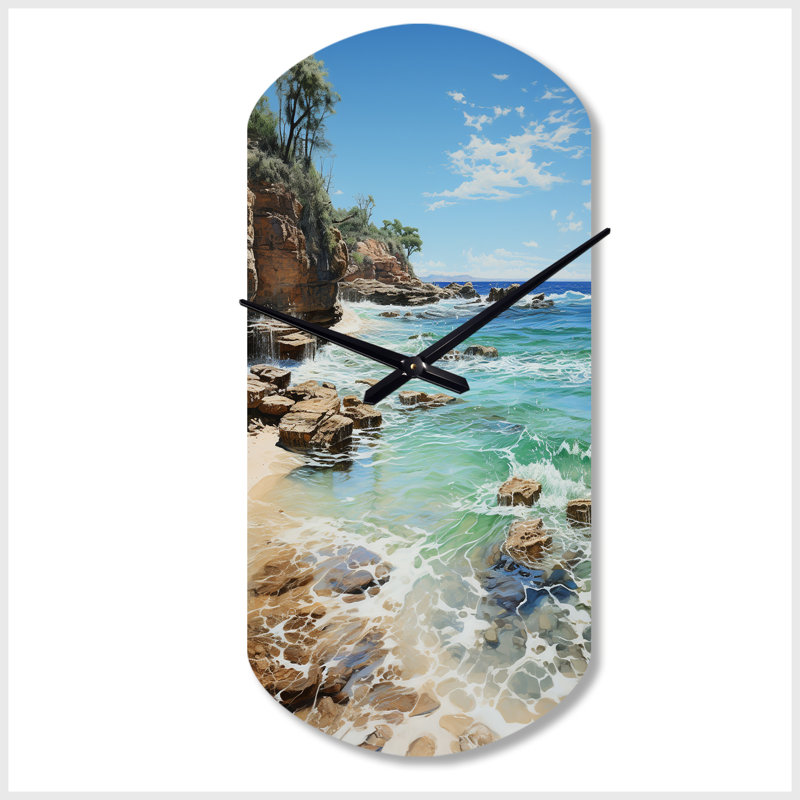 Beach Photo Ocean Escape V - Horloge murale cylindrique en métal, horloge asymétrique turquoise, Petit
