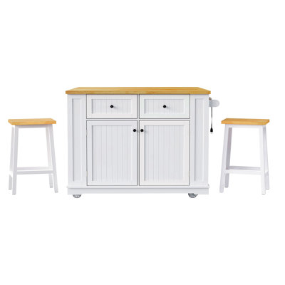 48inch Kitchen Island with 2 Bar Stools, Power Outlet, Door Internal Storage Rack, Kitchen Storage Cart on 5 Wheels with Drop Leaf, 5 Side Racks, 2 Dr
