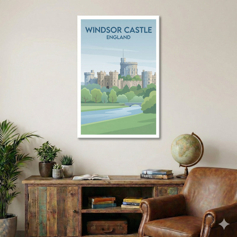 Windsor Castle, England - Romantic Travel Poster Of The Royal Castle And Thames View. Giclée Print On Wrapped Canvas. Wall Art, Home Decor - Castles & Palaces, England - Wrapped Canvas Print