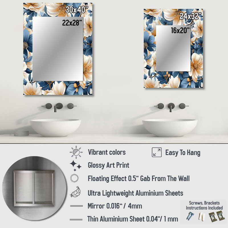Analise bleu rétro motif floral Finesse - grand miroir mural floral, miroir décoratif de chalet, impression d'art en métal
