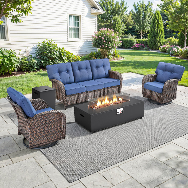Bruner 4-Piece Wicker Rattan Patio Conversation Set With Swivel Gliders, Outdoor Split Fire Pit Table With Hidden Tank Holder