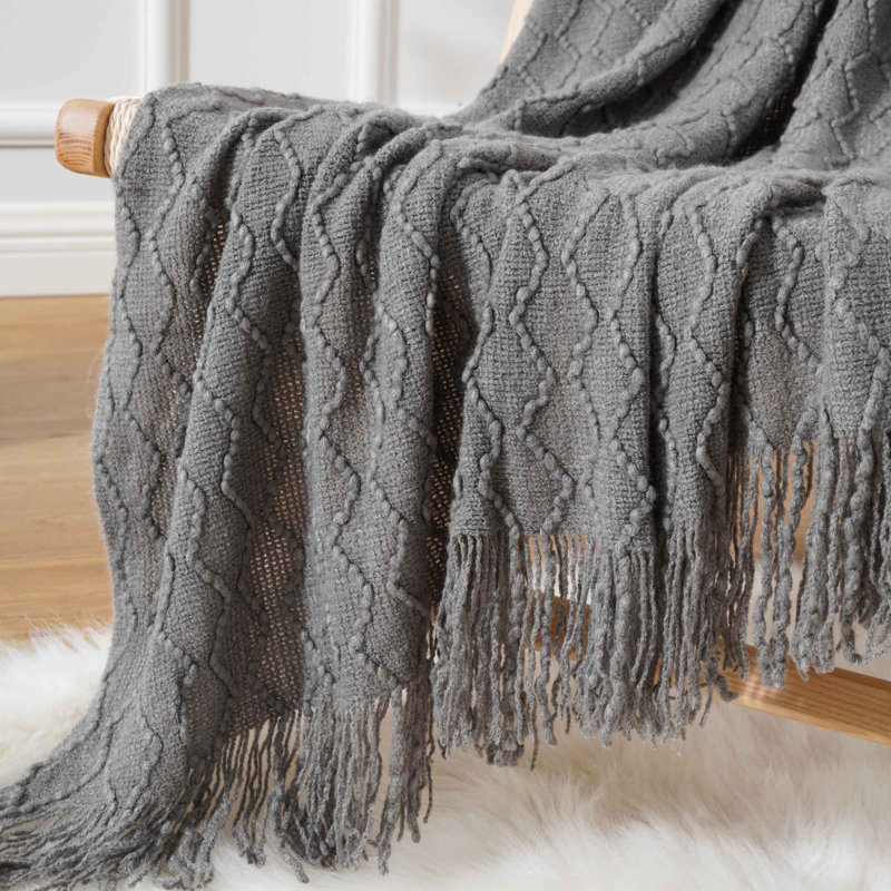 Dark Grey Knitted Acrylic Throw Blanket with Fringe, 50"x60"