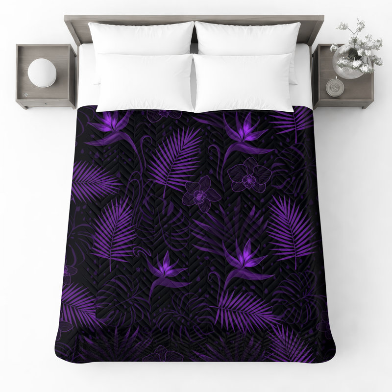 Purple Tropical Leaves Quilted Thin Bedspread, Queen
