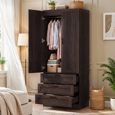 27.5" × 68" Closet System With 3 Drawers, Wardrobe Cabinet With Doors & Hanging Rod