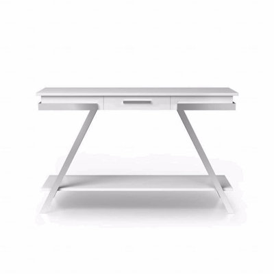 Contemporary Style White Sofa Console Table, High Gloss Finish Chrome Frame Gorgeous Living Room Furniture