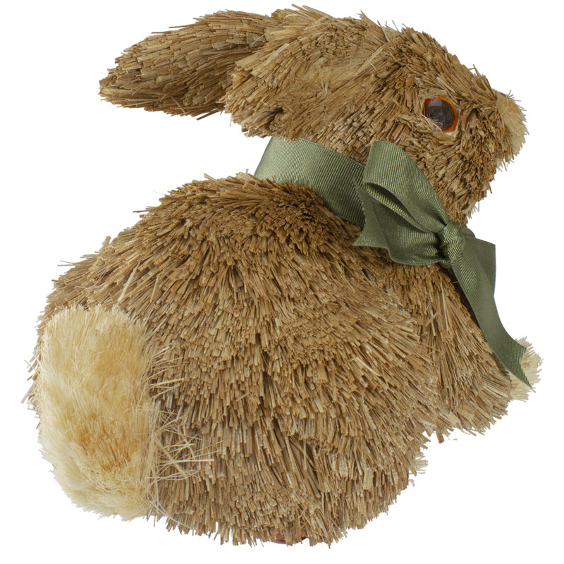 Brown Sisal Bunny Rabbit Figurine with Green Ribbon