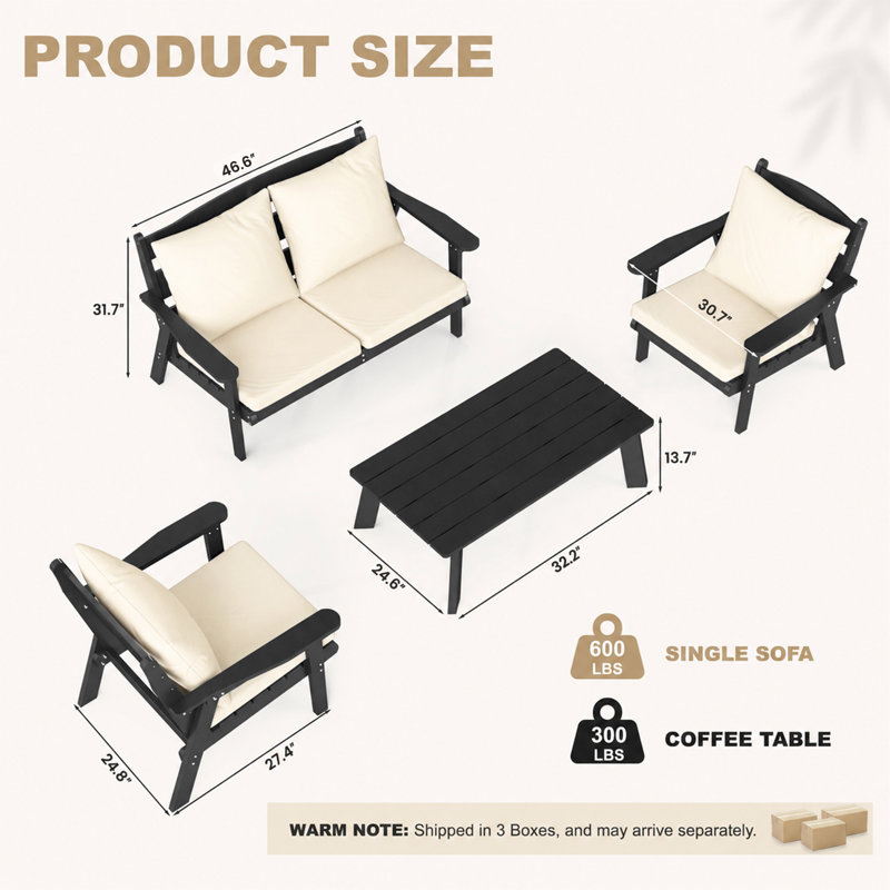 Outdoor Hdpe Patio Furniture Sofa, 4 - Person Seating Group With Cushions,outdoor Conversation Couch Set With Coffee Table For Patio
