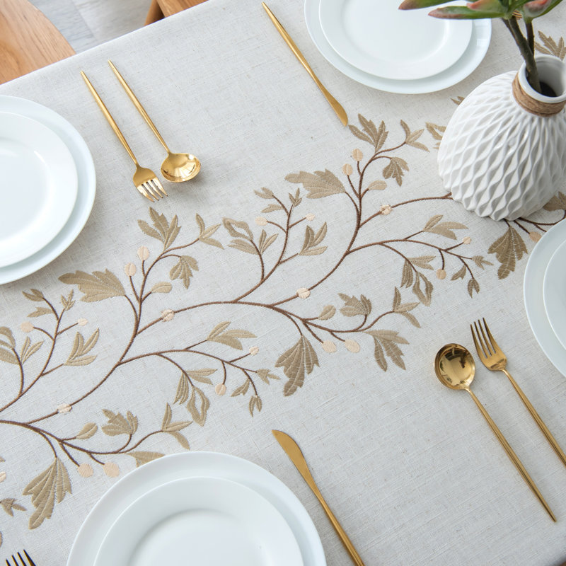 High Quality Washable Wrinkle Free Tablecloth With Tassel (Leaf), 55" W x 78" D, Beige