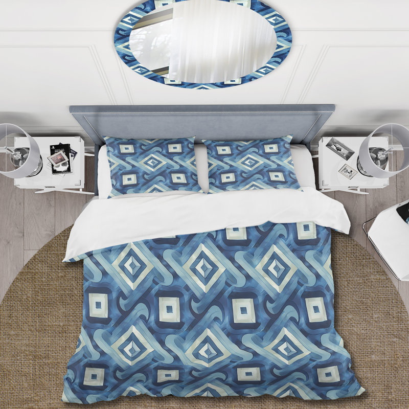 Blue Midcentury Maze Dream II - Midcentury Duvet Cover Set, King Duvet Cover + 2 King Pillow Shams