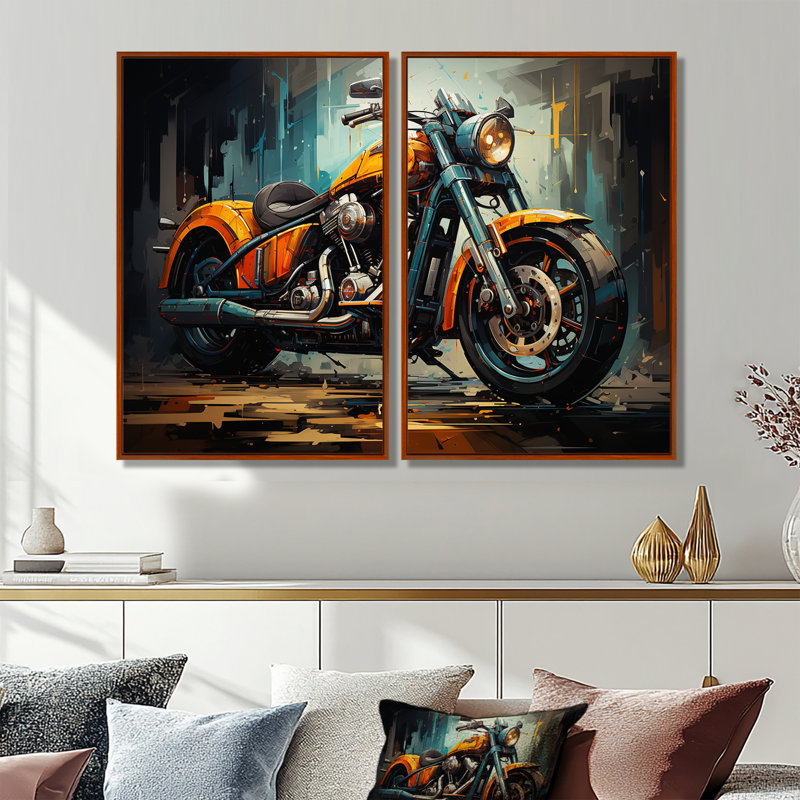 Motocyclette cruiser classique jaune et noir - art mural 2 pièces, 36" H x 48" W, Impression encadrée flottante, Brown