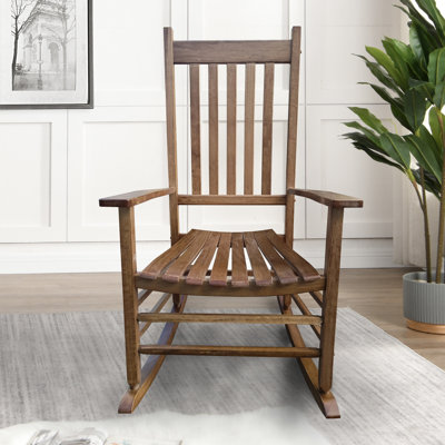 Chaise berçante de balcon pour adultes en brun - Matériau en bois massif Siège généreux et accoudoirs avec dossier à lattes Facile à assembler avec équipement Adulte de 4,13 po de hauteur en bois franc fabriqué à long terme
