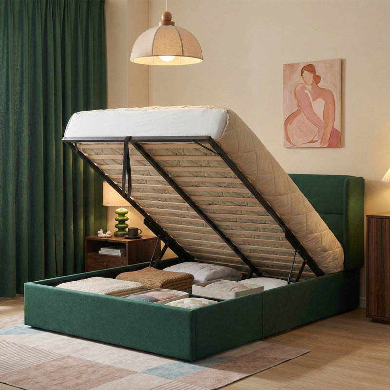 Lit plateforme tapissier avec rangement Gaillarde, Grand, Vert foncé