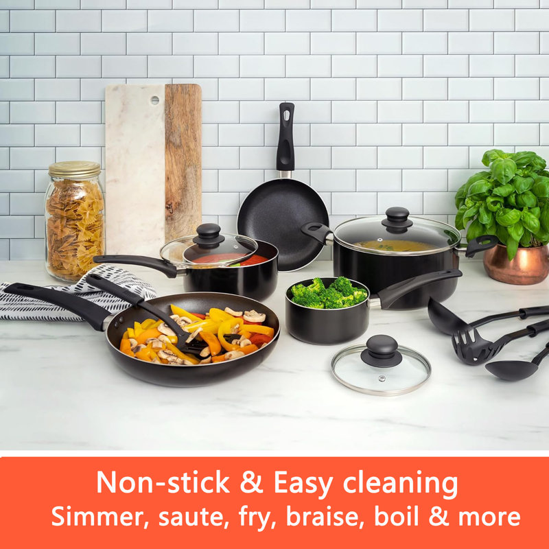 Black 12-Piece Nonstick Aluminum Cookware Set with Utensils