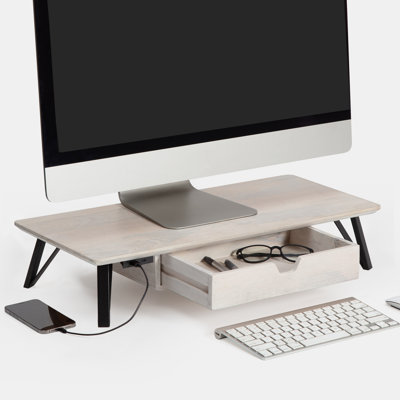 Lameek Wood Monitor Stand With Drawer & USB Port