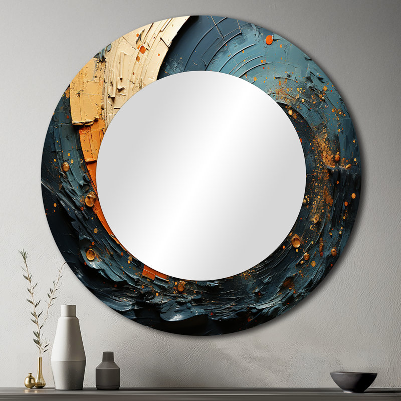 Orange bleu sarcelle abstrait spirales II - abstrait spirales miroir, 36 po x 36 po