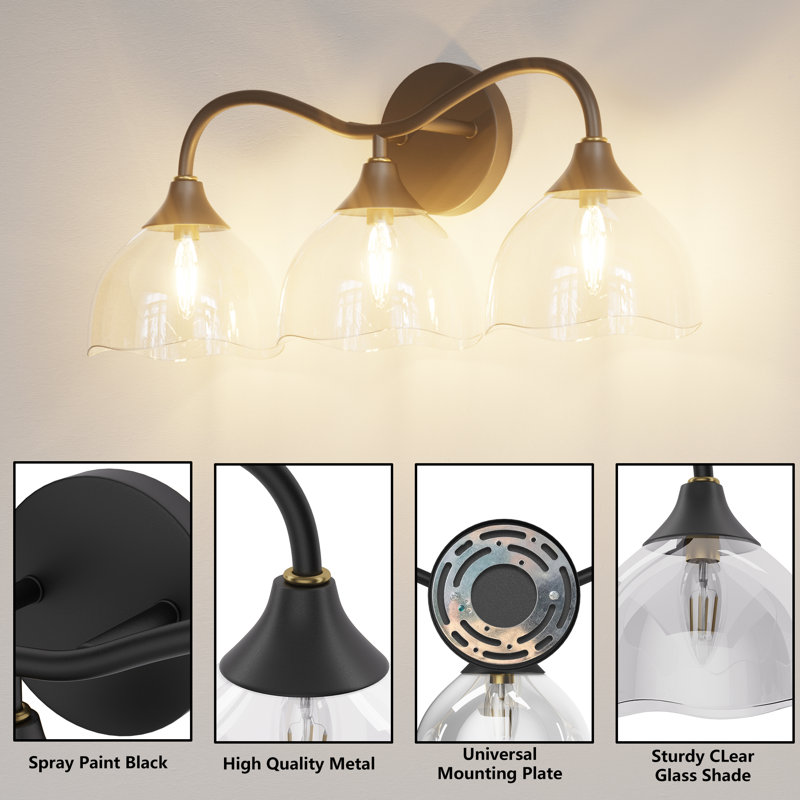 Ailey 22.5''W Dimmable Black and Gold Lamp Base ETL with Petal Shape Glass Shade, Matte Black