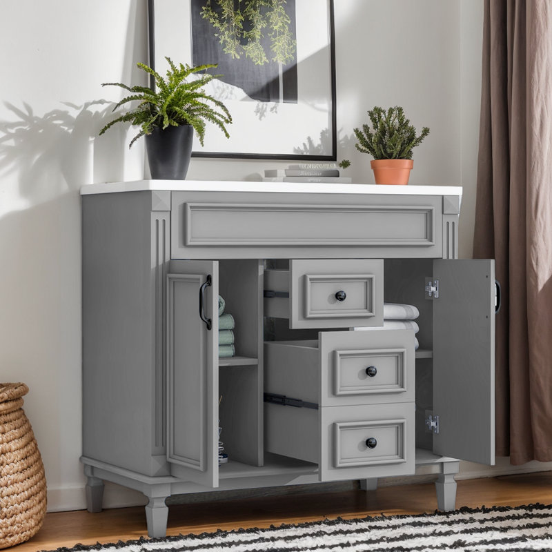 Meuble-lavabo de 36 po avec lavabo en céramique, meuble-lavabo simple autoportant, armoire de rangement avec 2 portes à fermeture douce et 2 tiroirs