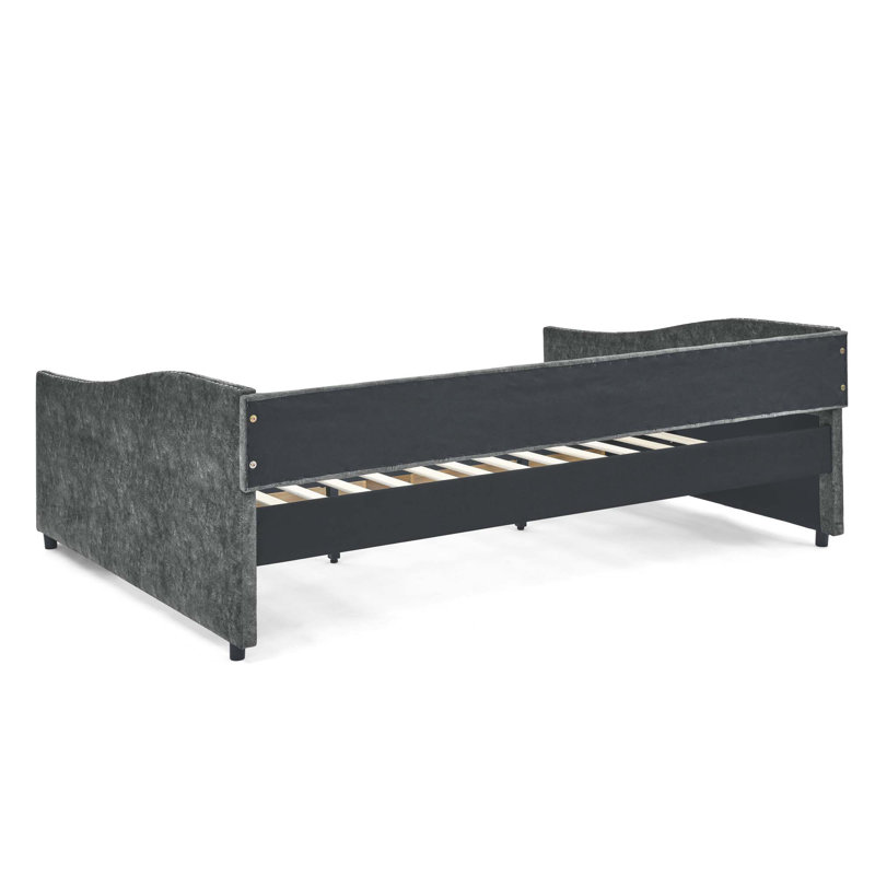 Upholstered Tufted Daybed With Drawers, Button On Back And Copper Nail On Waved Shape Arms, Gray, Queen