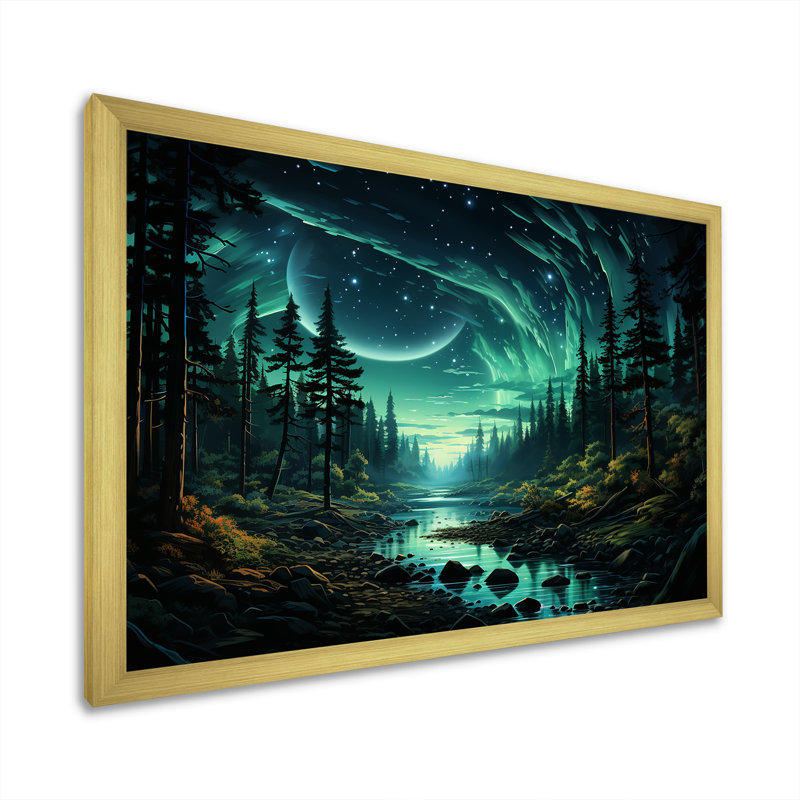 Northern Lights Forest Dreams I - forêt et rivière, art mural, H 16 po x l 32 po x P 1 po, Cadre doré à coins fermés