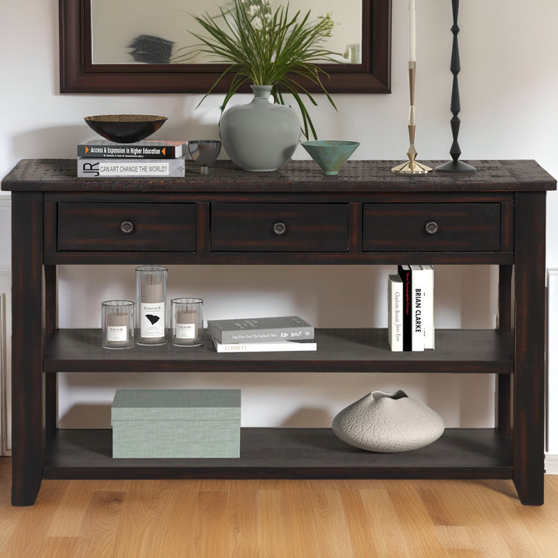 Console 48 po avec dessus en pin massif avec 3 tiroirs et 2 tablettes, Noir, Noir