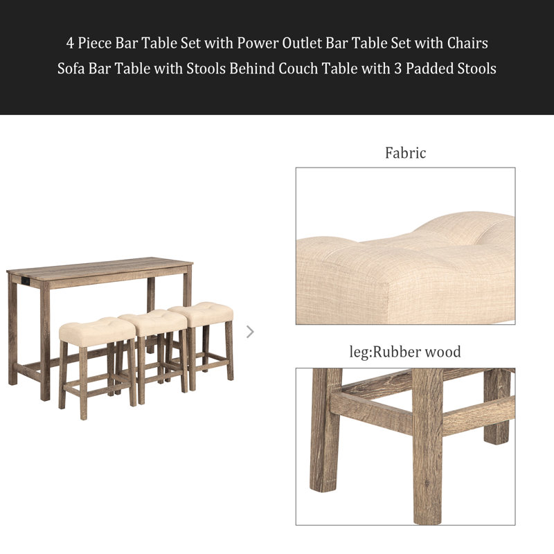 4 Piece Bar Table Set With Power Outlet,Bar Table Set With Chairs,Sofa Bar Table With Stools,Behind Couch Table With 3 Padded Stools,For Living Room,Dining Room
