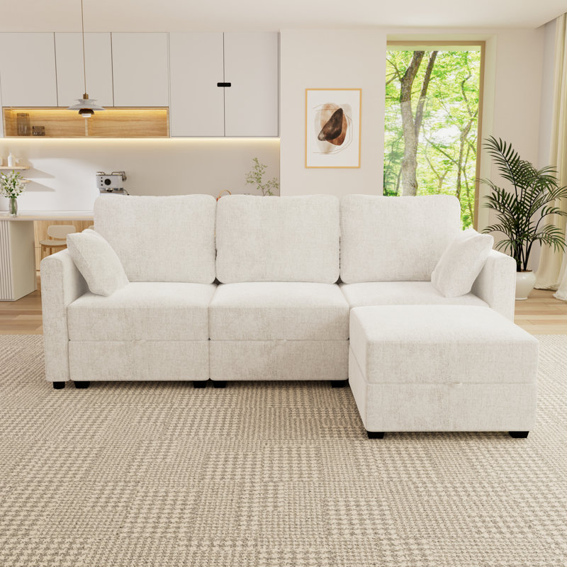 Canapé modulaire en L pour salon, Chenille beige, H 44 po x l 92 po x P 31,1 po