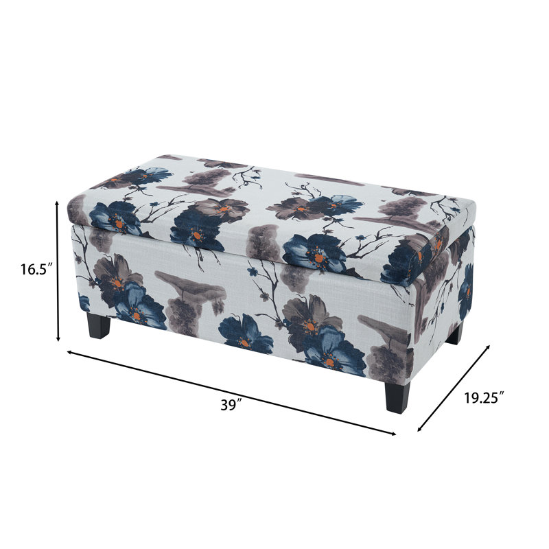 Ingerson 39" Wide Rectangle Ottoman with Storage, Blue Flower and White