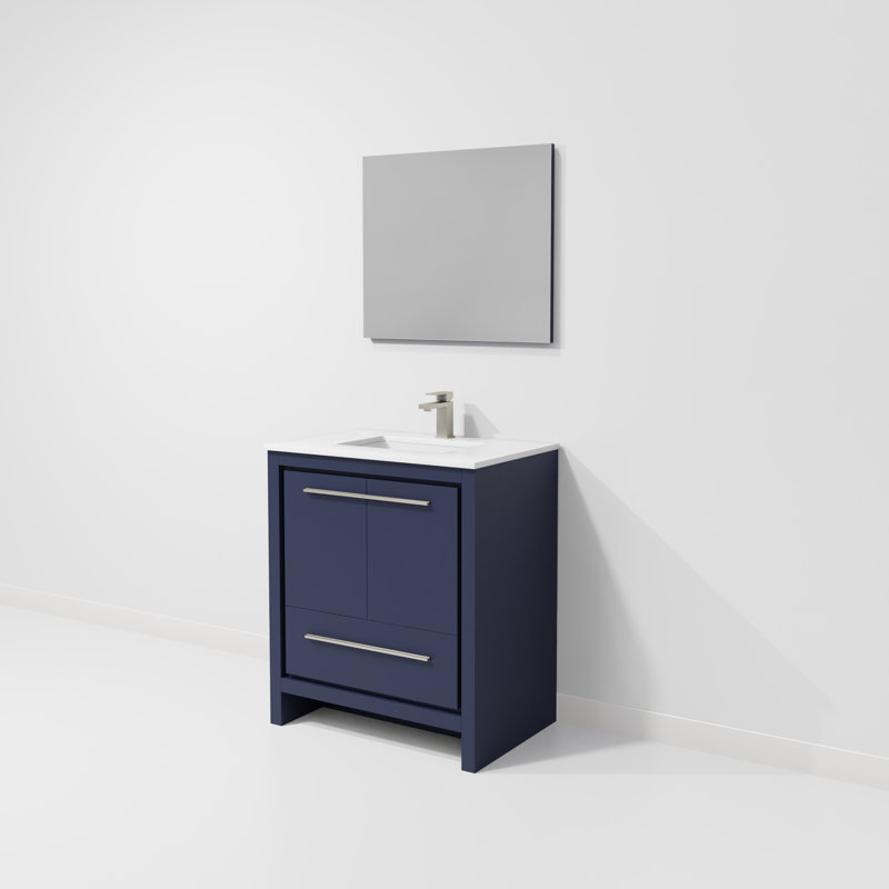 Lafarre 30" W x 20" D Single Vanity, 28" Mirror & Gun Metal Faucet, Navy Blue, White Cultured Marble