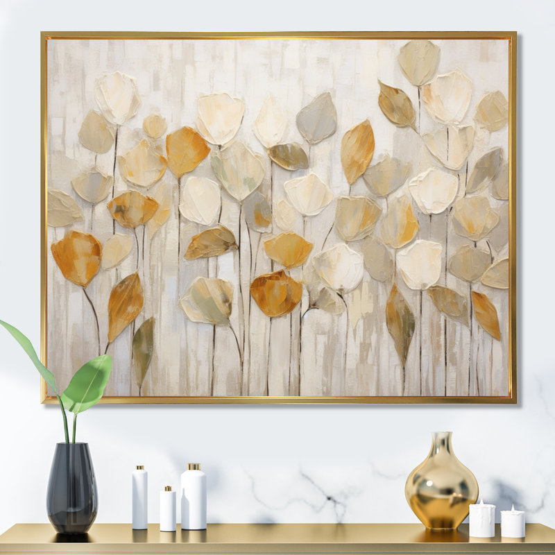 «Beige Botanical Impressions II - Abstract Botanicals», art mural, Reproduction avec cadre flottant, H 30 po x l 40 po, Doré