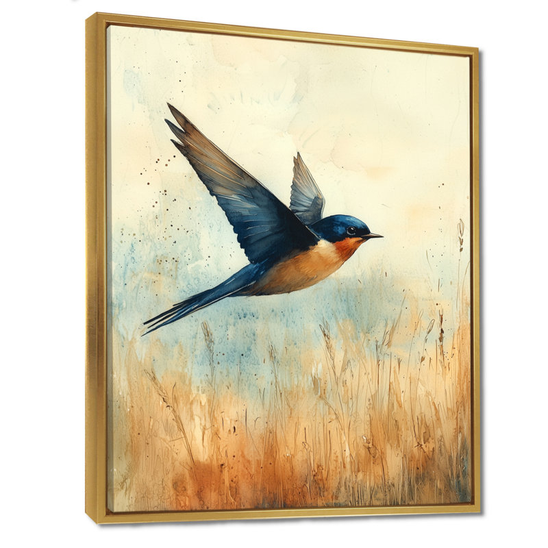 Oiseau hirondelle au-dessus des champs III - Art mural grand oiseau, H 32 po x l 24 po, Reproduction avec cadre flottant