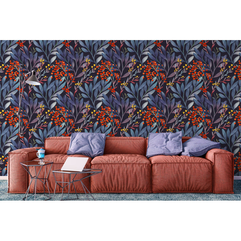 Papier peint amovible avec branches brunes foncées et feuilles mauves, L 48,96 po x l 75 po