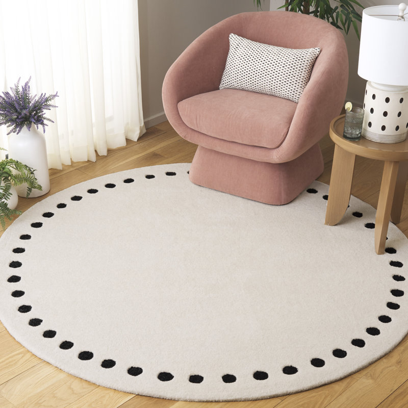 Lexy Polka Dots Handmade Tufted Cotton/Wool Area Rug in Ivory/Black, Round 6'