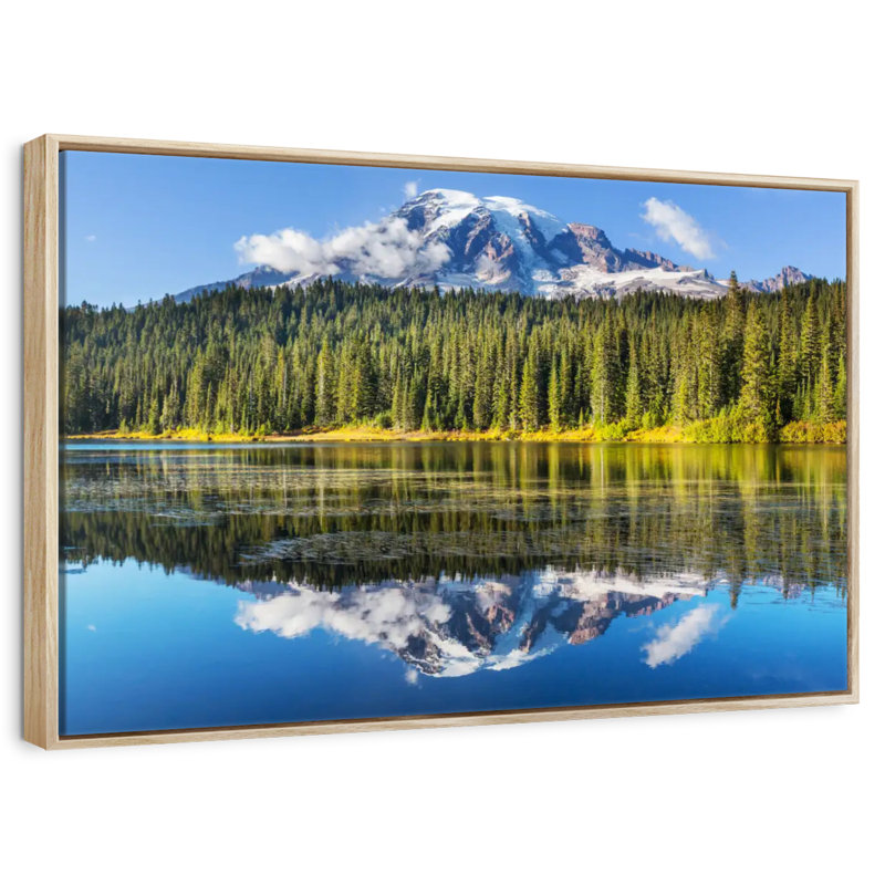 Lac alpin près du mont Rainier, Cadre flottant en bois naturel, 40 po x 27 po