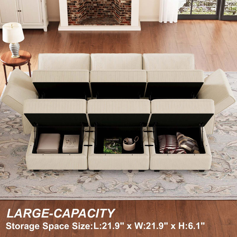Hursey Rectangle Corduroy Sofa Bed Storage Couch Sleeper Convertible Different Shape Modular Sectional Sofa With Adjustable Armrest Backrest Movable Ottoman