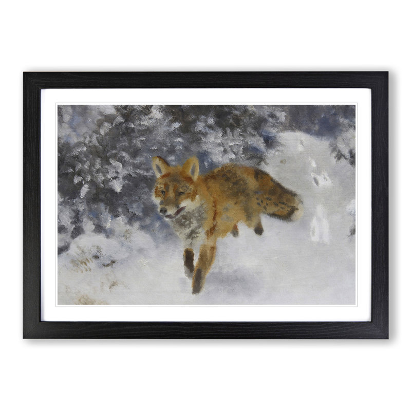 Fox in the Snow Vol.3 by Bruno Liljefors - Picture Frame Painting, 27cm H x 36cm W x 2cm D, Black Framed