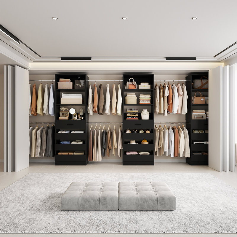 74"W To 116"W Adjustable Closet Organizer With 4 Drawers & 4 Rods, Black