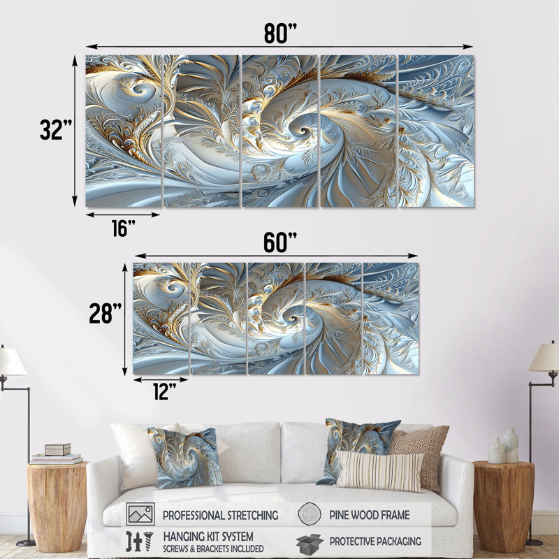 «Light Blue Fractal River - Abstract Spirals», art mural 5 pièces, H 28 po x l 60 po