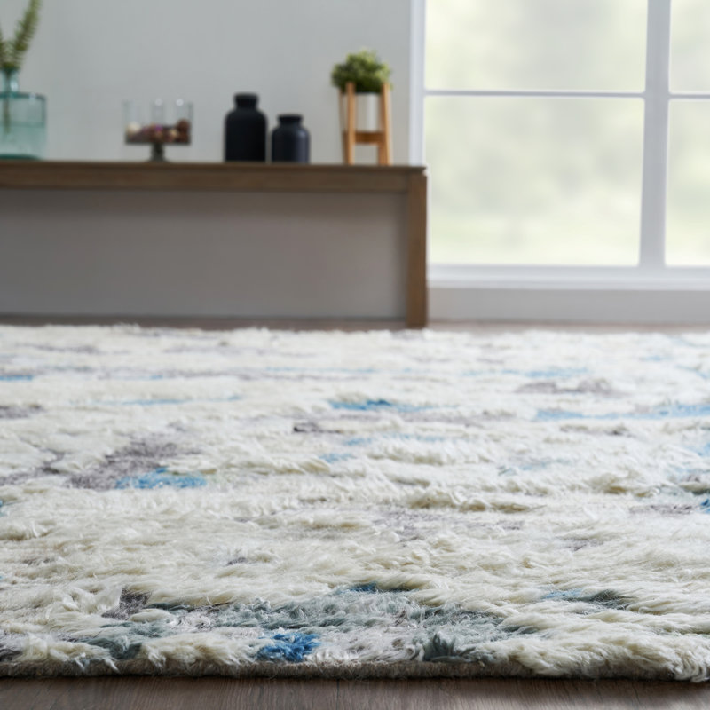 Belue Hand Knotted Wool Abstract Area Rug in Blue, Rectangle 9'6" x 13'6"